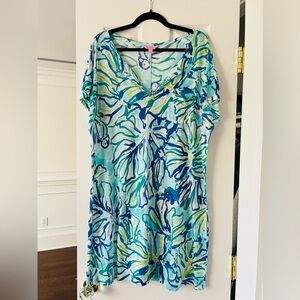 Lilly Pulitzer Duval Cap Sleeved Linen T-Shirt Mini Dress Pool Blue Size XL